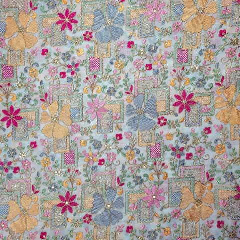 Nazira Embroidered White Georgette Fabric with Multicolor Floral Pattern