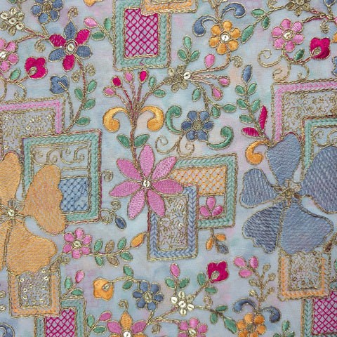 Nazira Embroidered White Georgette Fabric with Multicolor Floral Pattern
