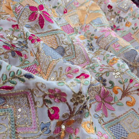Nazira Embroidered White Georgette Fabric with Multicolor Floral Pattern