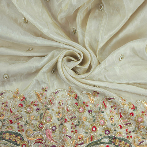 Noor Embroidered Dyeable Shimmer Tissue base Fabric with Paisley Motif Border