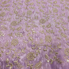 Embroidered Lilac Shimmer Tissue base Fabric with Floral Zari work & Sequins