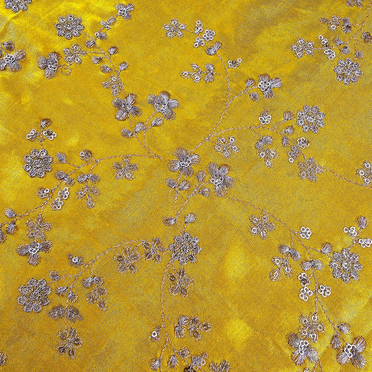 Rajrani Mustard Yellow Gajji Silk Fabric with Floral Sequins and Zari work