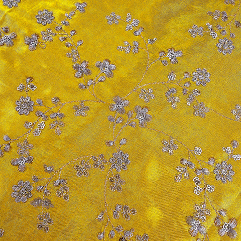 Rajrani Mustard Yellow Gajji Silk Fabric with Floral Sequins and Zari work