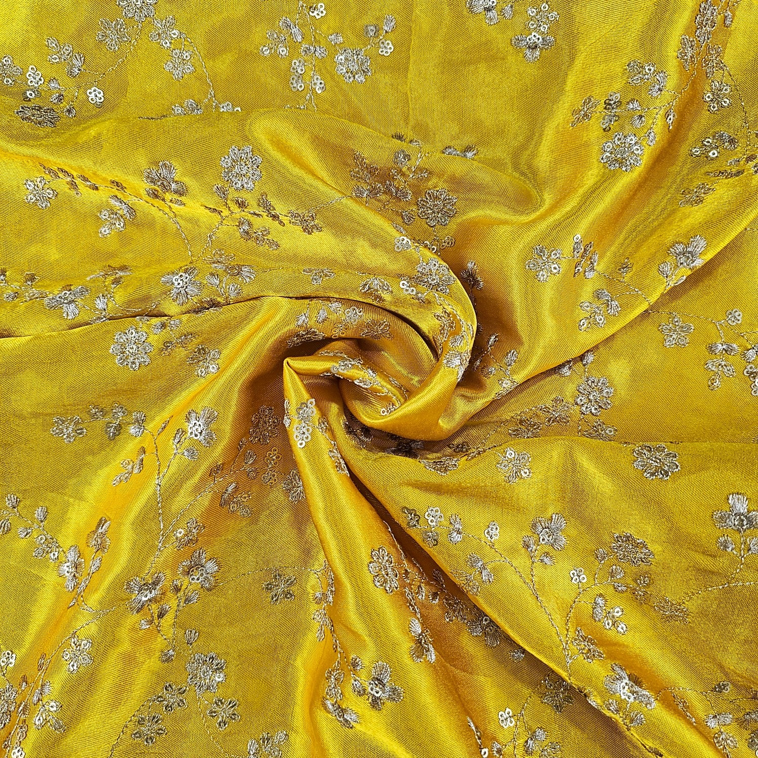 Rajrani Mustard Yellow Gajji Silk Fabric with Floral Sequins and Zari work
