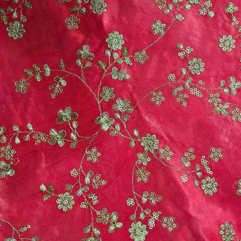 Rajrani Crimson Red Gajji Silk Fabric with Floral Sequins and Zari work