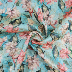 Kusum Sky Blue Chanderi Floral Digital Printed Fabric with Coord Zari Work