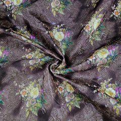 Kusum Walnut Brown Chanderi Floral Digital Printed Fabric with Coord Zari Work