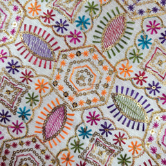 Multicolor Embroidered Zari & Sequin Work Raw Silk Fabric with  Geometric Pattern