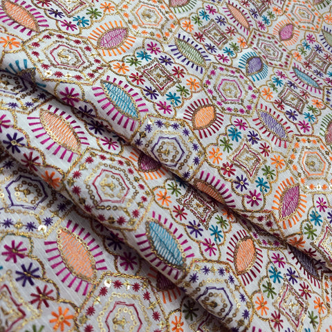 Multicolor Embroidered Zari & Sequin Work Raw Silk Fabric with  Geometric Pattern