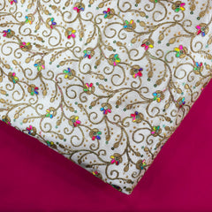 Multicolor Embroidered Zari & Sequin Work Raw Silk Fabric with Floral Vines Pattern