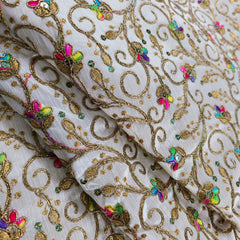 Multicolor Embroidered Zari & Sequin Work Raw Silk Fabric with Floral Vines Pattern