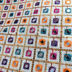 Multicolor Embroidered Zari, Mirror & Sequin Work Raw Silk Fabric with Diamond Pattern