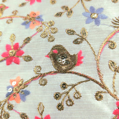 Multicolor Embroidered Zari, & Sequin Work Raw Silk Fabric with Floral Pattern and Bird Motif