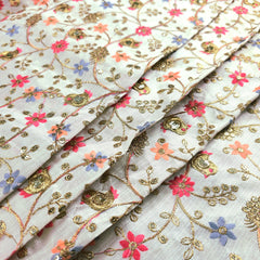 Multicolor Embroidered Zari, & Sequin Work Raw Silk Fabric with Floral Pattern and Bird Motif