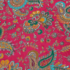 Fuchisa Crepe Base Fabric with Multicolor Embroidery & Zari, Sequin work