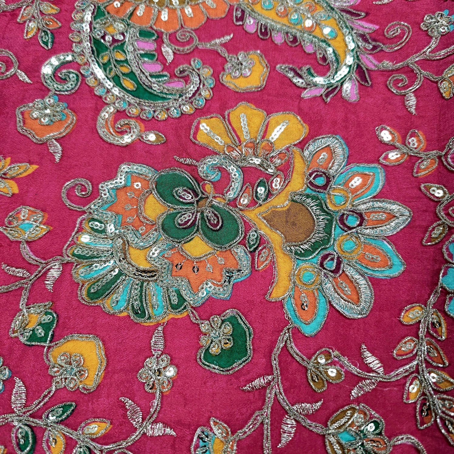Fuchisa Crepe Base Fabric with Multicolor Embroidery & Zari, Sequin work