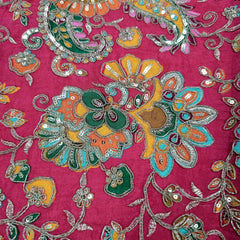 Fuchisa Crepe Base Fabric with Multicolor Embroidery & Zari, Sequin work