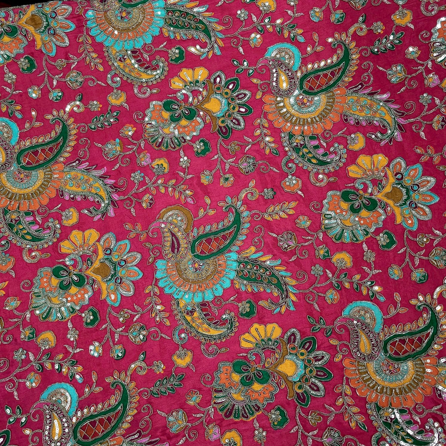 Fuchisa Crepe Base Fabric with Multicolor Embroidery & Zari, Sequin work