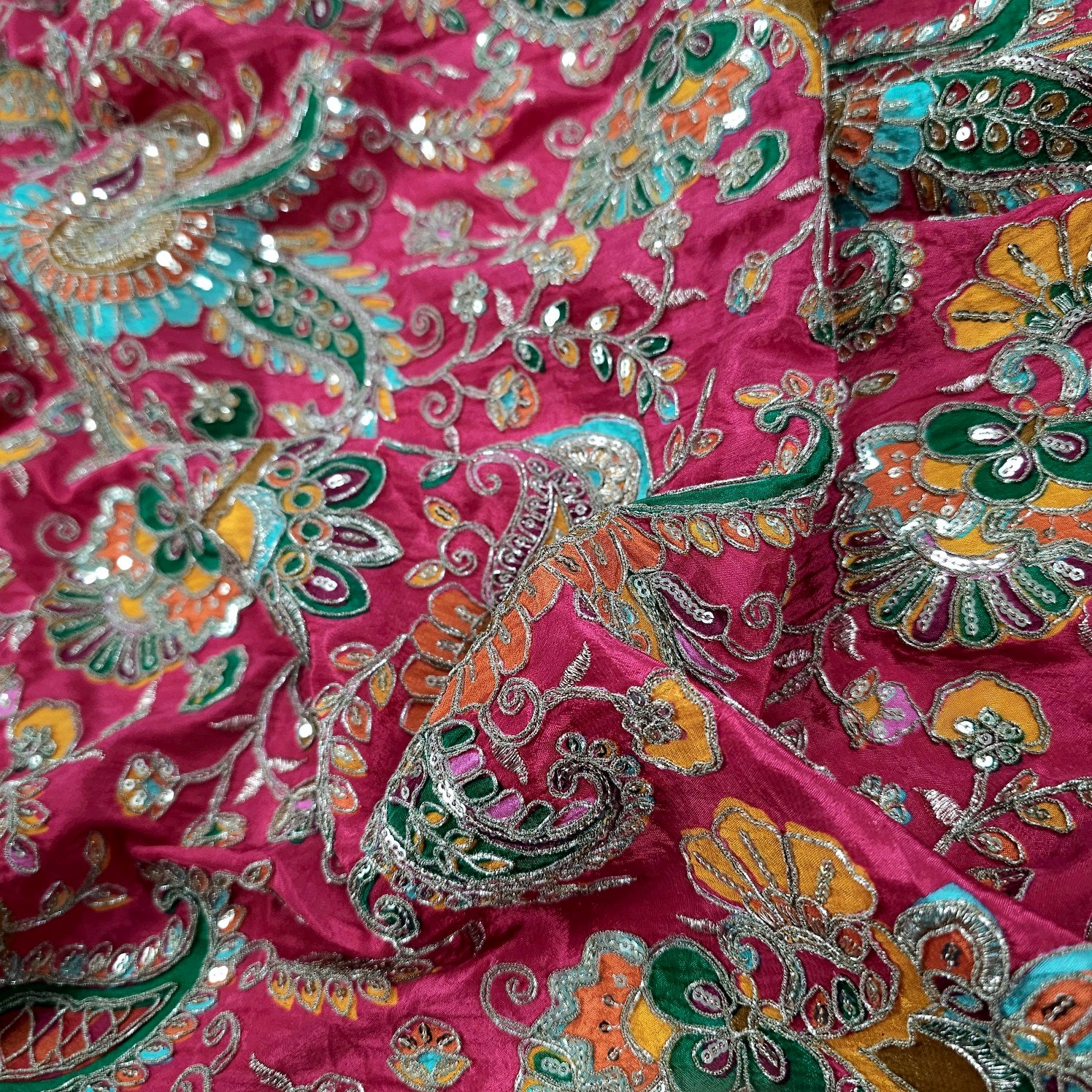 Fuchisa Crepe Base Fabric with Multicolor Embroidery & Zari, Sequin work