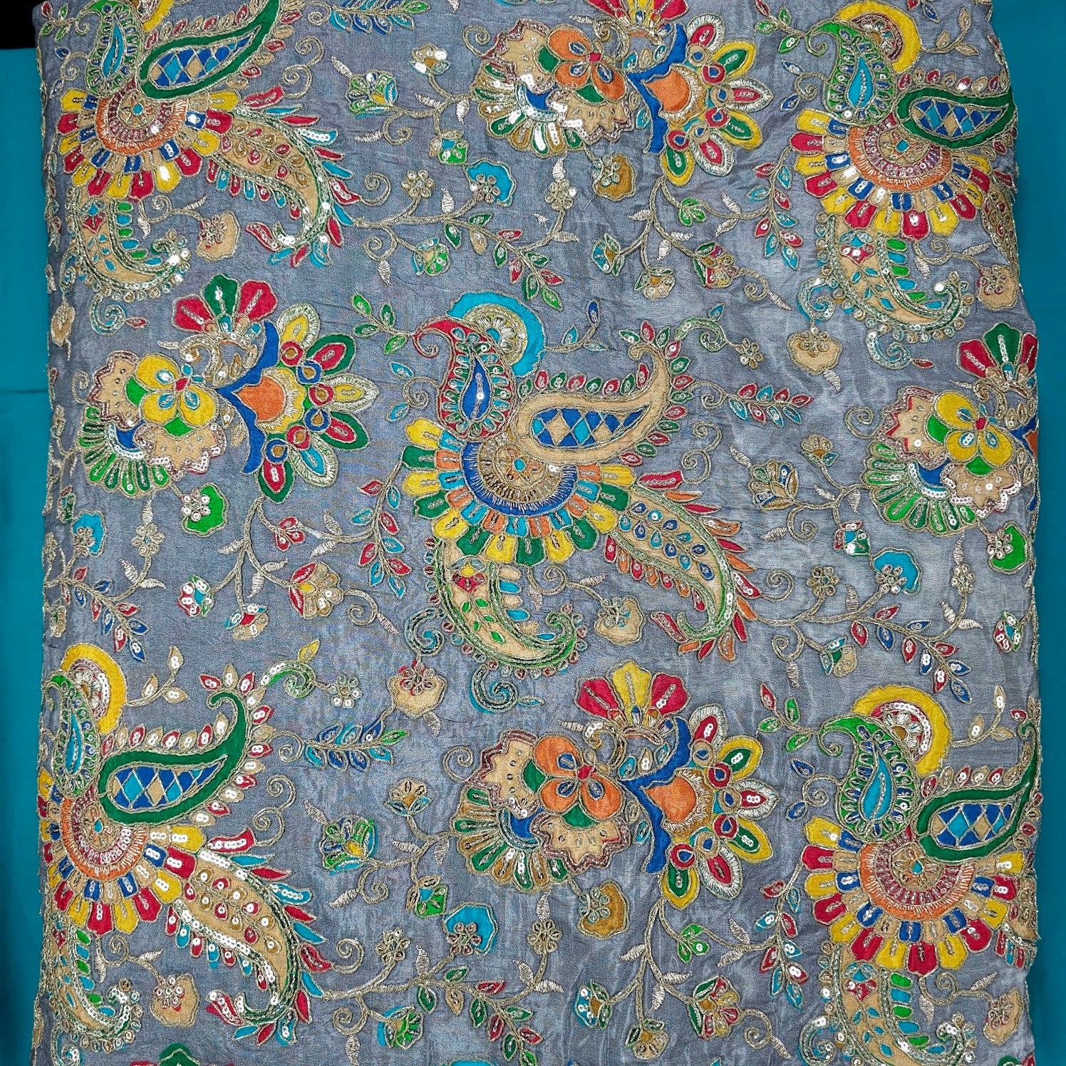 Grey Crepe Base Fabric with Multicolor Embroidery & Zari, Sequin work