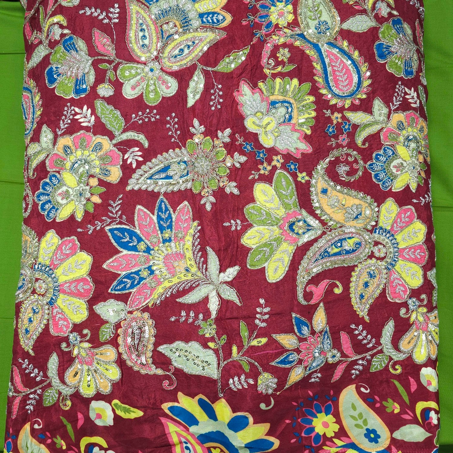 Maroon Crepe Base Fabric with Multicolor Embroidery & Zari, Sequin work