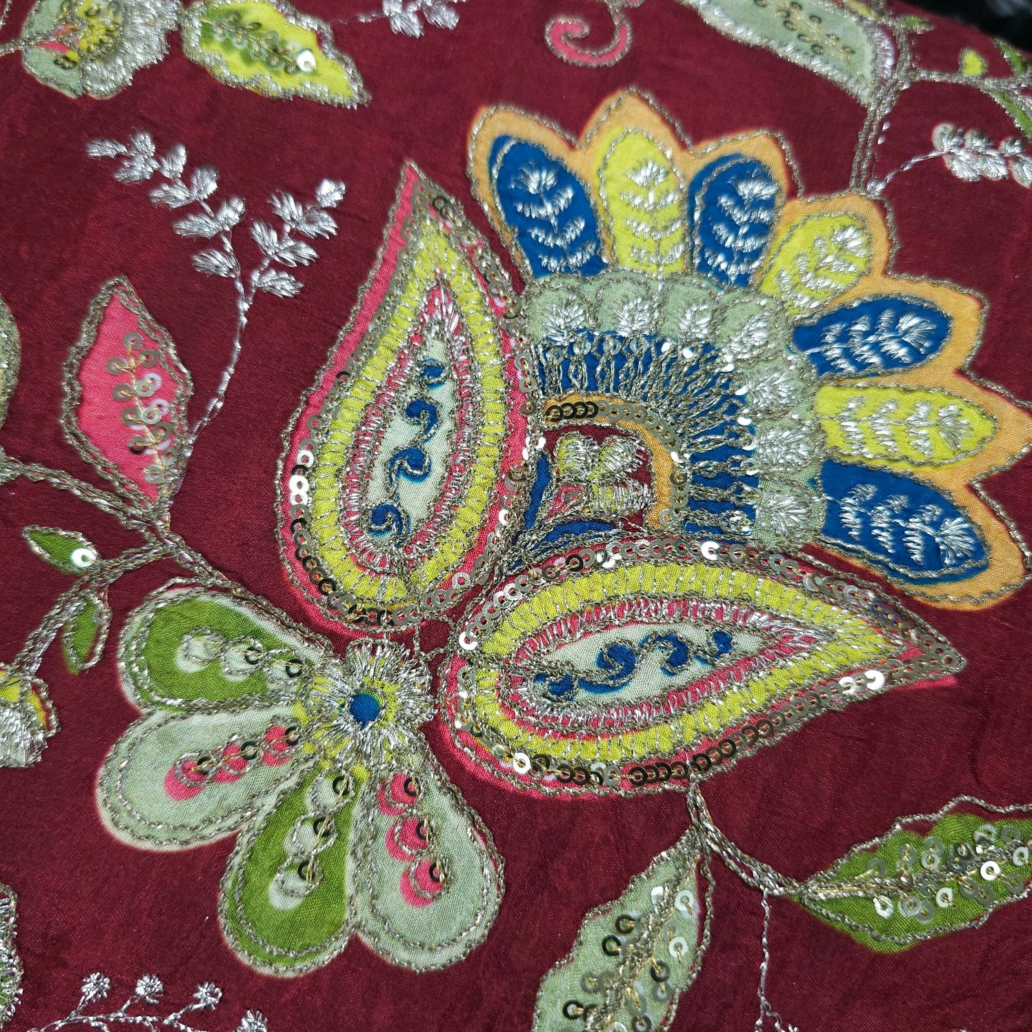 Maroon Crepe Base Fabric with Multicolor Embroidery & Zari, Sequin work