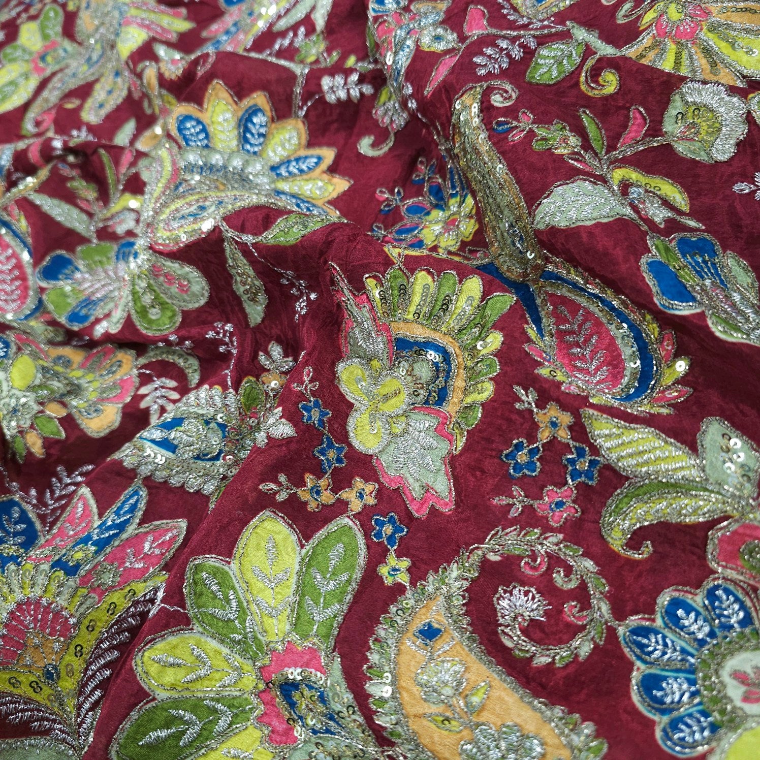 Maroon Crepe Base Fabric with Multicolor Embroidery & Zari, Sequin work