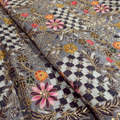 Embroidered Zari & Sequins Work Crepe with Floral & Geometric Position Print  - Black Color