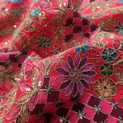 Embroidered Zari & Sequins Work Crepe with Floral & Geometric Position Print  - Coral Pink Color