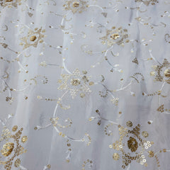 White Crepe Base Fabric with Golden Floral Sequin Embroidery
