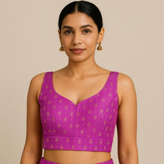 Rebecca Barbie Pink Zari Stripe Blouse with Deep Sweetheart Neckline