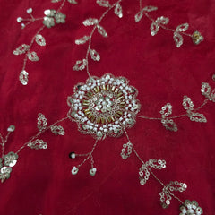 Mirha Hand Embroidered Rich Red Organza Shimmer Tissue with Floral Sequin Embroidery
