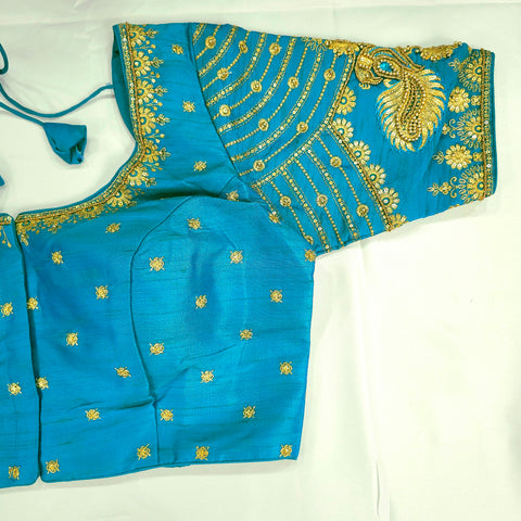 Embroidered Blue Raw Silk Blouse with Round Neckline