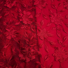 Embroidered Red Net Fabric with all over Floral Pattern