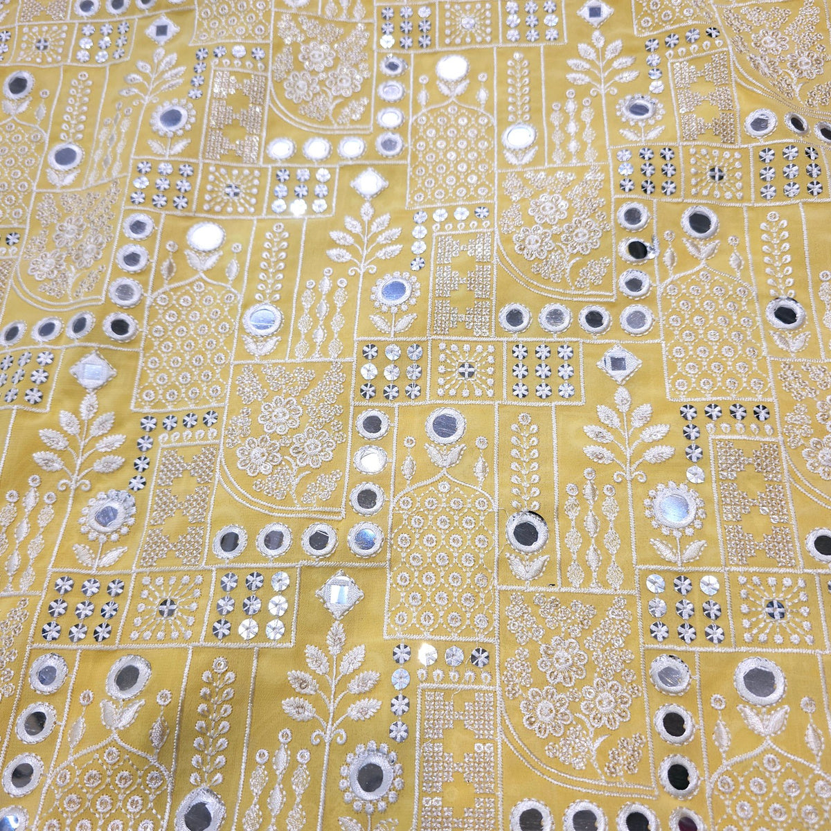 Yellow Georgette Fabric with Intricate White Resam Embroidery and Mirrorwork