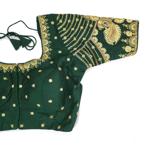 Embroidered Dark Green Raw Silk Blouse with Round Neckline