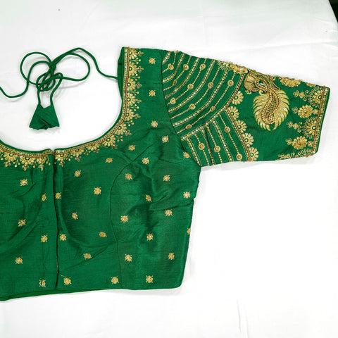 Embroidered Light Green Raw Silk Blouse with Round Neckline