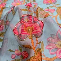 Multi-color Floral Digital Print on Powder Blue Organza Fabric with Handwork