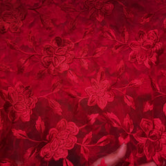 Embroidered Red Net Fabric with all over Floral Pattern