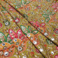 Mehendi Green Color Crepe Fabric with Multicolor Embroidery & Mirror Highlights