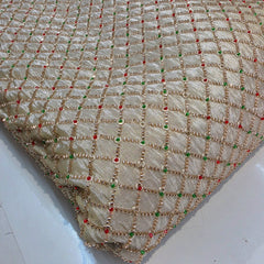 Embroidered Dyeable shimmer Tissue Fabric with Checkered Pattern Golden, Green & Red Cutdana Work