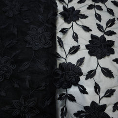 Embroidered Black Net Fabric with all over Floral Pattern