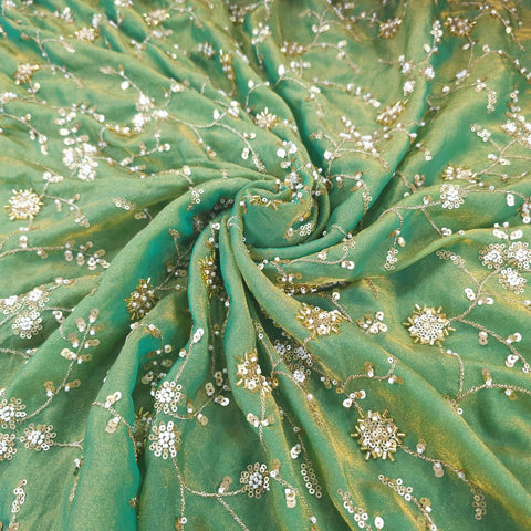 Mirha Hand Embroidered Pale Green Organza Shimmer Tissue with intricate Floral Sequin Embroidery