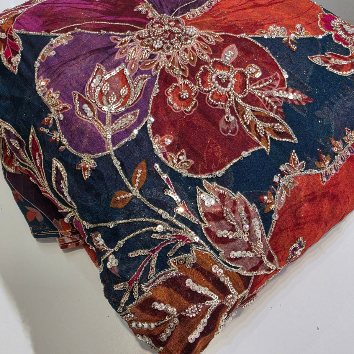 Dark Turquise Organza Mahima Mahajan inspired with cutdana & sequin work with Floral Position Print