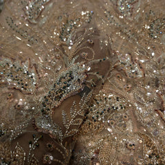 Champagne Gold with Hue of Salmon Color Embroidered Net Fabric with Cutdana & Sequin Work
