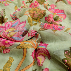 Multi-color Floral Digital Print on Pista Green Organza Fabric with Handwork