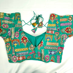 Embroidered Turquoise Blouse - Sweetheart Neckline with tie -up dori