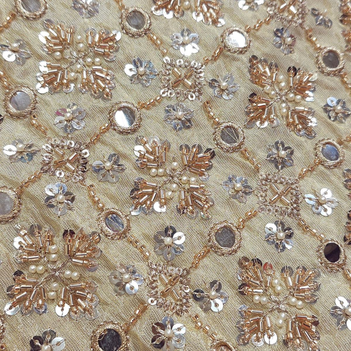 Dyeable Shimmer Tissue Fabric with Geometric Mirror, Sequin & Cutdana Work