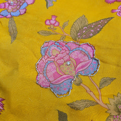 Multi-color Floral Digital Print on Mustard Organza Fabric with Handwork