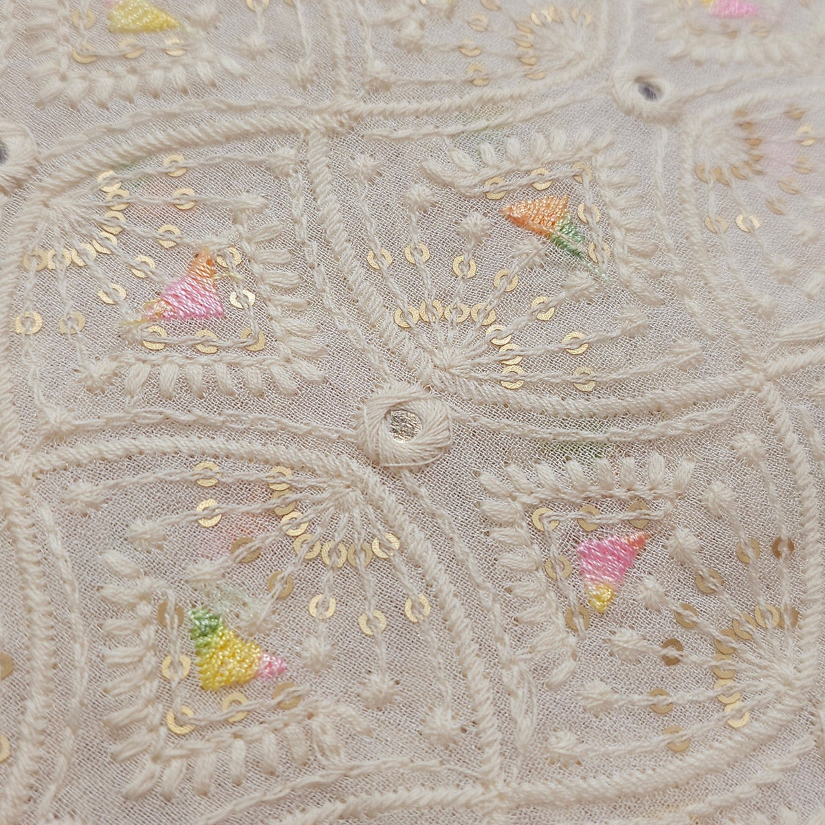 Pastel Color Embroidered Off-White Dyeable Georgette Fabric in Geometric & Scallope Pattern with Mirror Highlights